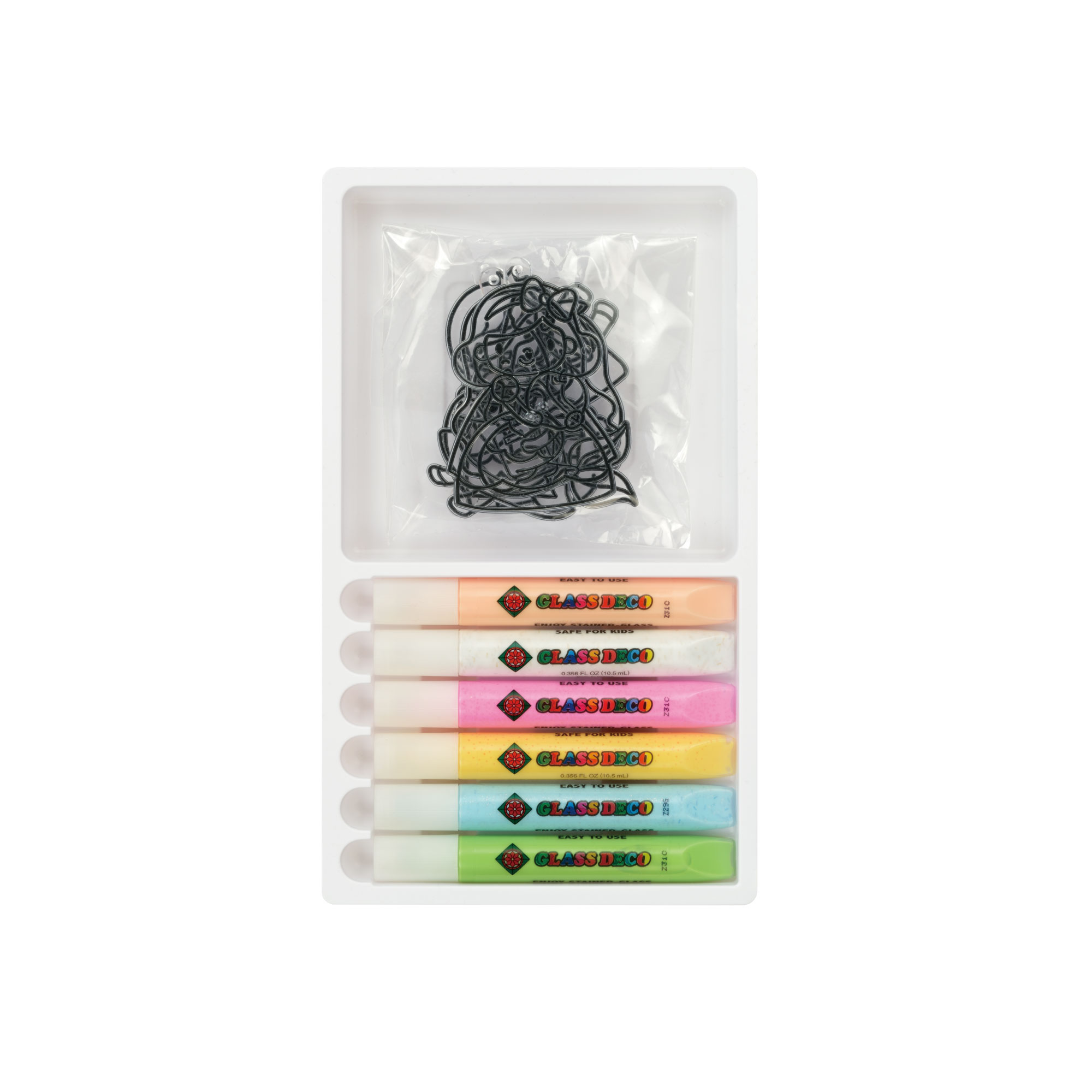 【セット内容】　オーナメントプレート6コ、グラスデコ6本（10.5ml×6カラー）※プレートの縁どりカラーはブラック